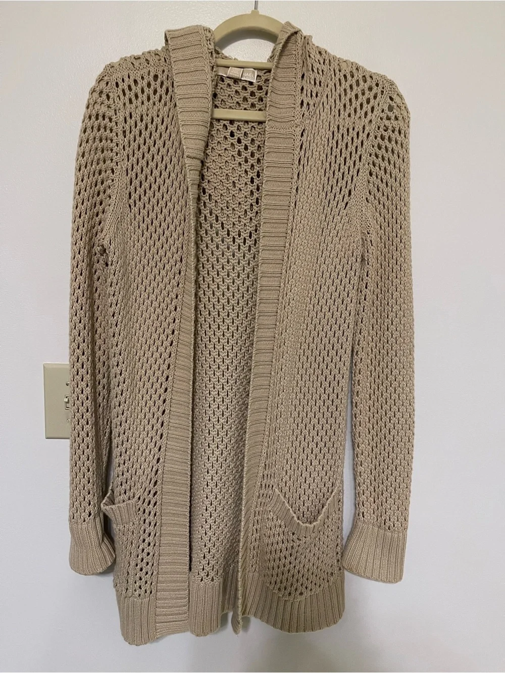 Michael Kors Open-Weave Hooded Cardigan in Taupe